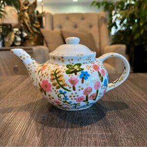 Cute Hand Painted Pink & White Floral Ceramic Teapot with Gold Accents